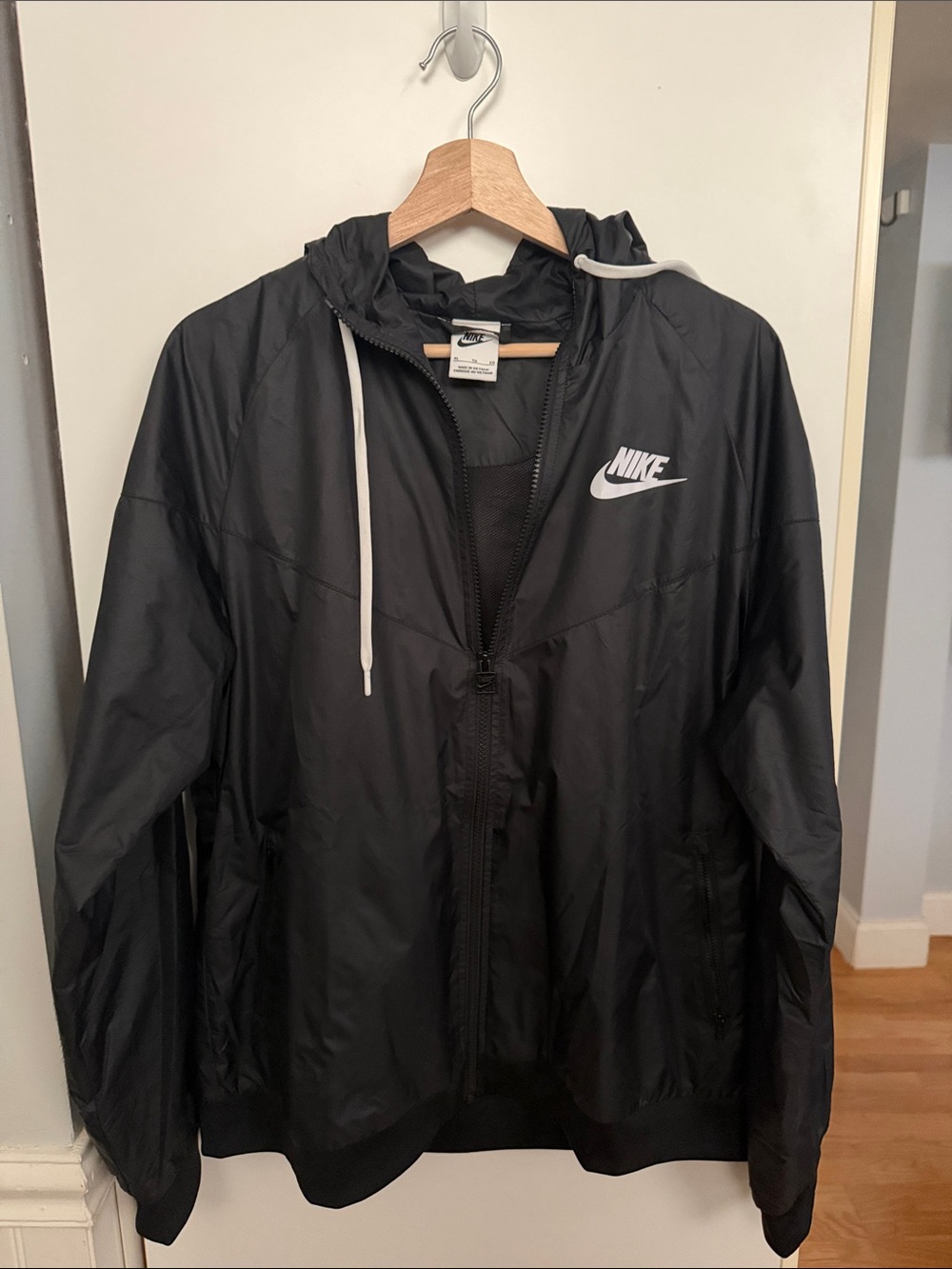 Nike Black Hooded Windbreaker with White Logo and Drawcords